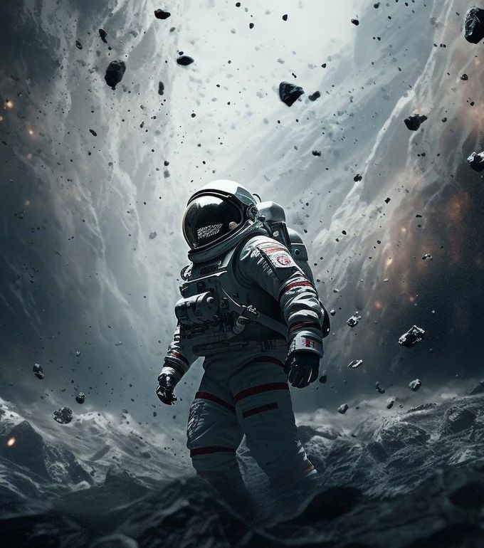 Astronauta explorando um cenário espacial, imagem da identidade Megafox